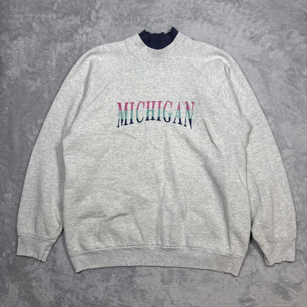 Vintage Michigan Sweater Womens XL Gray Spell Out Fruit Of Loom 90s USA